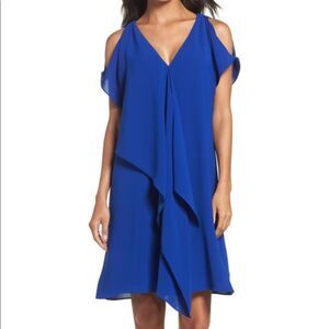 Adrianna Papell Cold Shoulder Drape Shift Dress Size 4 Petitte Blue